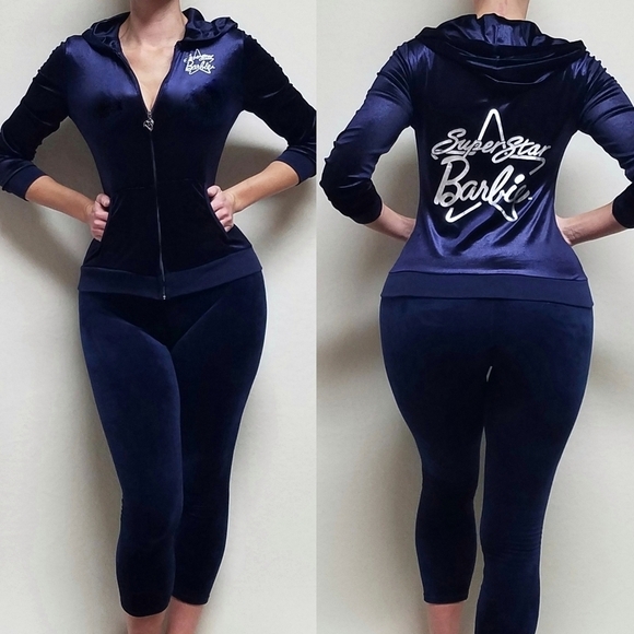 Barbie Tops - Rare Retro Barbie Loves Splash Silver Superstar Barbie Dark Indigo Velvet Hoodie